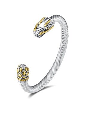 Two-Tone Dragon Head Open Cuff Bracelet in Silver and Gold